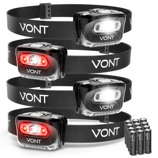 Vont LED Headlamp. IPX5 Waterproof, [4 Pack, Batteries Included] 7 Modes incl/ Red Light, Head Lamp for Running, Camping, Hiking, Fishing, Jogging, Headlight Headlamps for Adults & Kids, Red