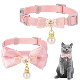 2 Pcs Cat Collar with Bow Cat Collar Breakaway Adorable Pink Cats Bows & Accessories Adjustable Cute Kitten Collars with Pearl Pendant for Girl Cats