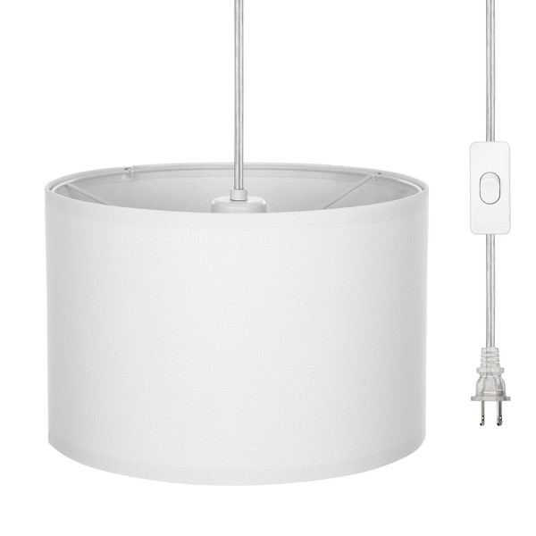 DEWENWILS Plug in Pendant Light, Hanging Light with 15Ft Clear Cord, On/Off Switch, White Fabric Lamp Shade, Hanging Light Fixture for Bedroom, Kitchen, Living Room, Dining Table