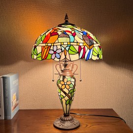 Capulina Tiffany Lamp Stained Glass Table Lamp 16x16x24 Inches Mother-Daughter Vase Cardinal Birds Tiffany Style Desk Reading Lamp Decor for Home Office Bedroom Living Room
