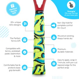 GET A GRIP - Custom Tennis Racket Grip Tape - Anti-Slip/Quick-Drying Tennis Overgrips - Precut Badminton Racket Grip with Finishing Tape - Squash Racket Grip Tapes (The Flow, 1 Grip)