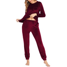 Ekouaer Womens Pajamas Sets Long Sleeve Soft Sleepwear 2 Piece Velvet Pjs Lounge Sets with Pockets Cherry Red