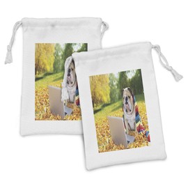 Ambesonne English Bulldog Fabric Pouch Set of 2, Dog in the Park with a Laptop and Rainbow Colored Scarf Funny Photography, Small Drawstring Bag for Toiletries Masks and Favors, 9" x 6", Multicolor