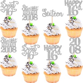 30 piezas de adornos para magdalenas de 16 cumpleaños con purpurina, dieciséis felices, 16 piezas de púas para magdalenas de 2008 para saludar a 16 años, 16 años, boda, aniversario, fiesta, decoración