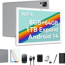 Newest Android 14 Tablet WIFI6 Large Storage 8GB RAM (4+4 Virtual) + 64GB ROM+512GB Expandable, Octa-Core 2 in 1 Tablet with Keyboard, 7000 mAh Battery Tablet 10.1 Inch Screen, Bluetooth/Case/Mouse 2025 New Tablet springtok - Color: sliver