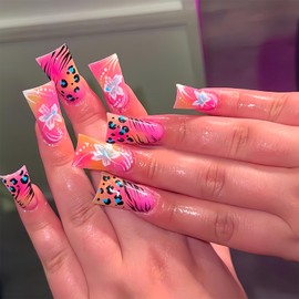 LWTZLW Duck Press on Nails Flower Short Square Fake Nails Colorful Full Cover Glue on Nails Zebra Pattern Acrylic False Nail Floral Glossy Artificial Nail Reusable for Women