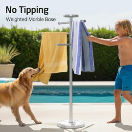 Natural Marble Outdoor Towel Rack with Weighted Base, KES 5-Feet Pool Towel Rack Outdoor for Hot Tub 18/8 Stainless Steel, Adjustable 3 Arms with Storage Tray, Brushed Finish OTR200-2