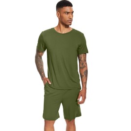 WiWi Mens Pajamas Set Soft Short Sleeve Pj Sleepwear Top and Shorts Pajama Sets Loungewear-Viscose from Bamboo S-3X, Army Green, X-Large