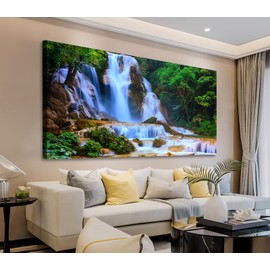 Waterfall Wall Art Living Room Decorations Landscape Canvas Art Large Nature Pictures Artwork Contemporary Wall Art Green Trees Rivers Spring Tropic Forest for Kitchen Office Home Decor 29" x 58"