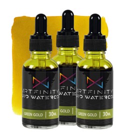 Artfinity Liquid Watercolor Paint 30 ml Bottle - 3 Pack, Green Gold - Vibrant Dye-Based Liquid Watercolor w/Glass Pipette, Fast-Drying, Fine Art Paint for Calligraphy, Airbrushing & Traditional Art