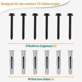 ELIVED Screw Set and Dowels for TV Wall Mount for Concrete Wall and Wooden Beam Wall, Includes M8 x 65 mm Hexagonal Screws and Dowels, Accessories for TV Bracket, EV034
