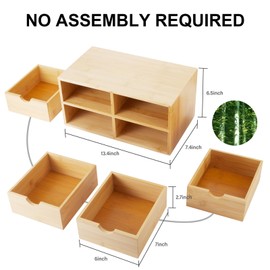 Bamboo Desk Organizer 4 Drawers, Countertop Organizer with Drawers Makeup Storage Drawer 4 Drawers Tabletop Storage Organization Box Home Office Workspace