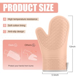Silicone Oven Mitts, Heat Resistant 2PCS Oven Mitts with Soft Cotton Lining, Waterproof Non-Slip Grip Oven Glove, Kitchen Potholder Mits for BBQ, Baking, Cooking, 12.5 Inch - Pink