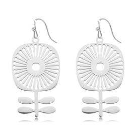 Trendy Boho Earrings, Silver Stainless Steel Bohemian Flower Earrings, Dangle Antique Retro 60s 70s Scandinavian Floral Jewelry for Women