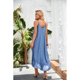 BUENOS NINOS Women's V Neck Floral Maxi Dress Boho Printed Adjustable Spaghetti Strap Ethnic Beach Long Dress with Pockets 3XL Dusty Blue Dress
