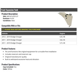 Front Radiator Coolant Overflow Expansion Tank, with Cap - Compatible with 2011-2019 Dodge Charger