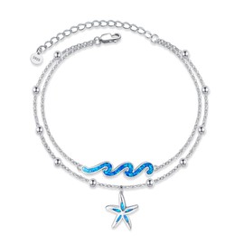 DAYLINLOVE Starfish Wave Bracelet 925 Sterling Silver Blue Opal Starfish Waves Bracelet Multilayer Beach Jewellery for Women, Sterling Silver