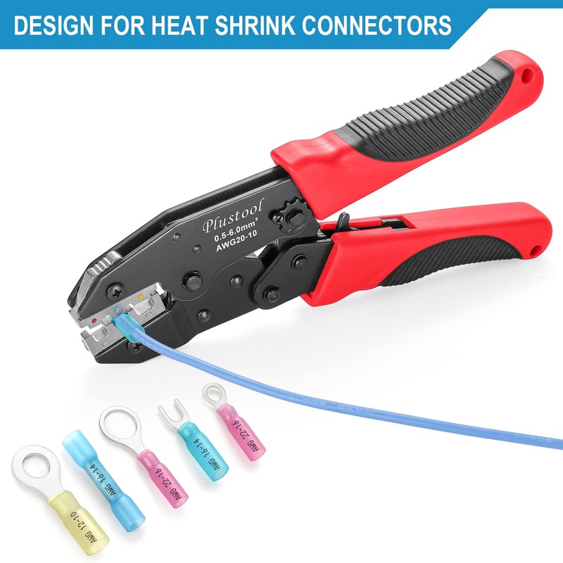 Plustool Crimping Tool for Heat Shrink Connectors AWG22-10, Ratcheting Wire