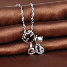 Unendlich U Cute Double Cat Kitten Heart Women's Necklace 925 Sterling Silver Cubic Zirconia Pendant Chain with Pendant, Cubic Zirconia