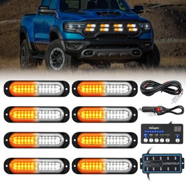 Nilight 8PCS Led Strobe Lights with Controller 12V 24V Sync Feature Amber White Strobe Light 12 LED Surface Mount Emergency Hazard Warning Lights with Strobe Controller for Vehicle Car Truck RV ATV