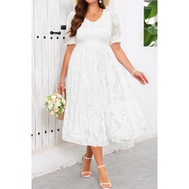 Plus Size White Summer Dress V Neck Floral Smocked Puff Sleeve Church Bridal Shower Graduation Midi Dresses