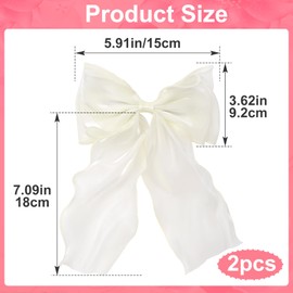 Lekgavd 2Pcs Large Hair Bow Clips, Beige Ribbon Hair Bows, Elegant French Silk Long Tail Bowknot Spring Snap Barrettes for Women for Wedding, Christmas, Parties