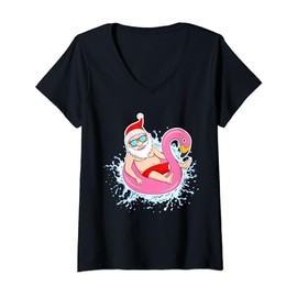 Summer Christmas in July Tropical Santa On Pool Summer Santa T-Shirt mit V-Ausschnitt