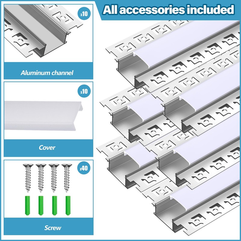 Glooglitter 10 Pack 6.6ft/ 2 Meter Plaster-in LED Channel Trimless