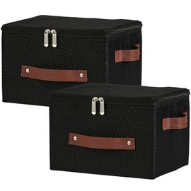 VinneGenzz 2PCS Storage Bins with Lid Fabric Storage Box Basket PU Leather Handle Textured Woven Cotton Linen Decorative Foldable Washable Shelf Closet Organizer Container (Zipper Lid, Black, Small)