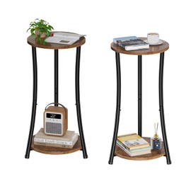 Simple Trending Round Side Table, 2 Tiers End Table for Living Room with Storage Shelf, Slim Sofa Table Set of 2, Rustic Brown