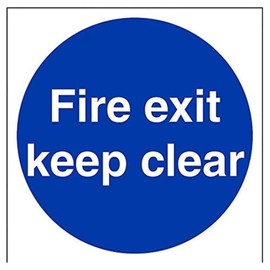 vsafety 18003 at-r"Fire Exit Keep Clear" Mandatory Sign, 1 mm Rigid Plastic, Square, 200 mm x 200 mm x 200 mm, Blue