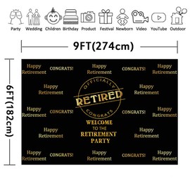 Officially Retired Black Golden Banner Backdrop for Photography, 9x6FT, Happy Retirement Party Background, Photo Booth Studio Props LYLU978