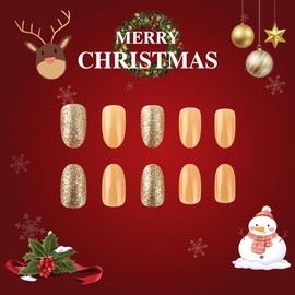 24 Pcs Christmas Press on Nails Short Almond - MINGCHUN Gold Glitter Fake Nails with White Lines Design French False Nails Cute Christmas Nails Acrylic Nails Full Cover Glue on Nails Art Kit for Women