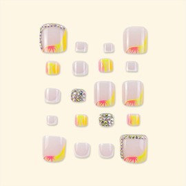 24 Pcs Press on Toenails Short 3D Rhinestone,YIHONGYAN Fake Toe Nail Press ons White French Toe Nail Tip Acrylic Kit Glue on Nails Full Cover False Toenails Gradient Design Stick on Toenails for Women