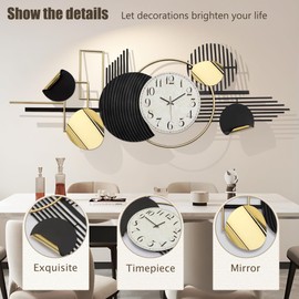 Metal Wall Art, Black and White Wall Decor for Living Room, Abstract Modern Creative Geometric Round Wall Art Decor 56" × 24" Large 3D Wall Clock for Bedroom, Dining Room, Home Hanging Wall Sculpture