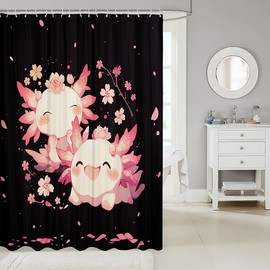 Girls Pink Axolotl 72" W X 72" L Bathroom Shower Curtain Sets Kawaii Axolotl Themed Shower Curtain,Pink Cherry Blossoms Painting Fabric Shower Curtain,Cartoon Salamander Decorations Kids Bath Curtain