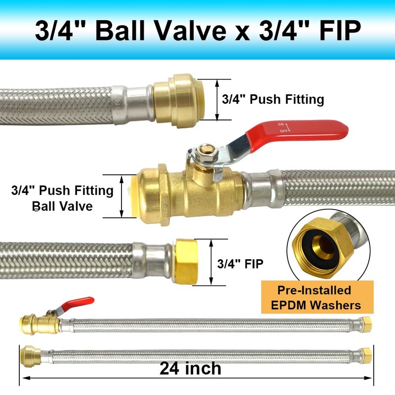 TTFLEX 24" Water Heater Connector 3/4" Ball Valve Push-Fit x