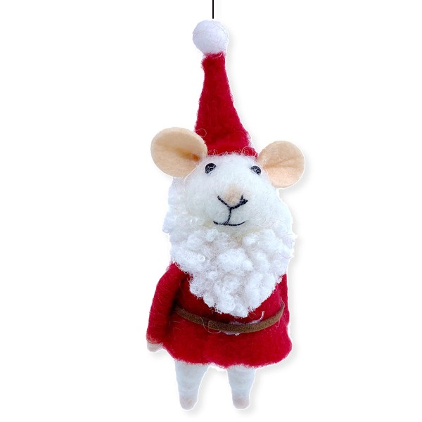 White Mouse Ornament in Santa Costume - Wool Decoration for