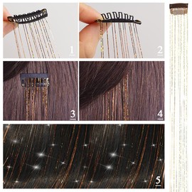 Hair Tinsel Clip in Extensions Kit Heat Resistant, 19 Inch Silver Glitter Fairy Tinsel for Hair with 6 Packs Clips on,Sparkly Hair Tensile Extension Accessories for Women Girls Kids (Clip-Silver)