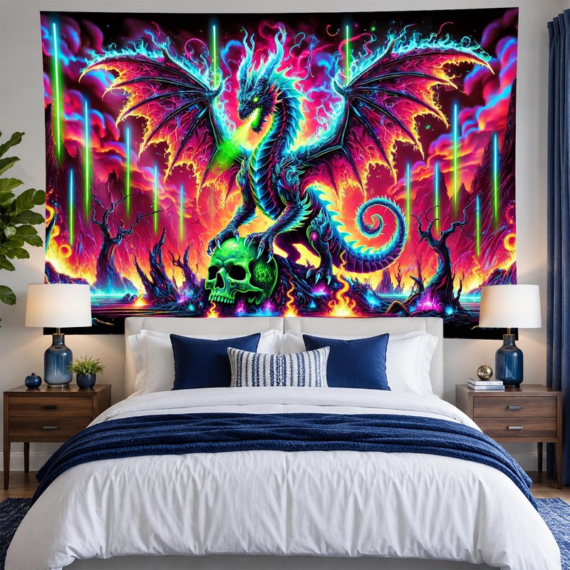 BlissYard Dragon Tapestry Blacklight Tapestry 78x59 Inch UV Wall Hanging