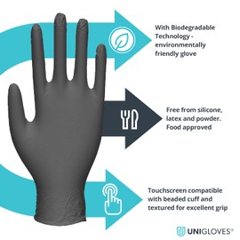 Unigloves BioTouch Nitrile Disposable Gloves - Biodegradable, Multipurpose, Medical Grade Examination Gloves - Box of 100 Gloves, Black, Large (GM0094)