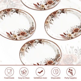 Grencian 50Pcs Fall Boho Floral Oval Paper Plates 10" x 12" Large Disposable Heavy Duty Fall Boho Rustic Dark Flower Tableware Dessert Plates for Autumn Thanksgiving Birthday Wedding Party Supplies
