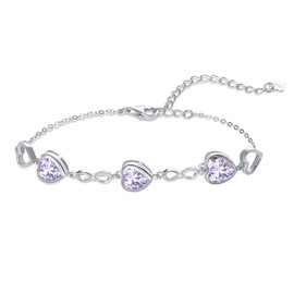 Qings 3 Heart Alexandrite Birthstone Bracelet for Women Sterling Silver 925 June Infinity Symbol Adjustable Link Bracelets with Cubic Zirconia Charms Friendship Family Birthday Gifts for Girls Her