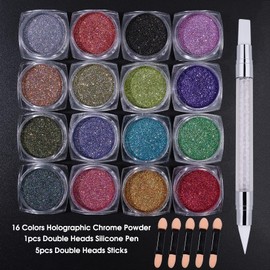 Holographic Chrome Nail Powder Kits 16 Colors Unicorn Iridescent Chrome For Nails Art with Silicone Pen Metallic Mirror Rainbow Effect Gold Silver Pink Blue Black Nail Art Glitter DIY Design for Gel