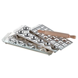 Imperia Ravioli Maker Set- Includes 3 Trays & Wooden Rolling Pin- Pasta Machine Accessory for Filled Ravioli- Durable Aluminum Construction- Press Makes 3 Different Shapes- Homemade Italian Cooking