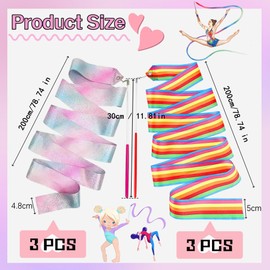 Liekadijiae Pack of 6 Dance Bands, Rainbow Dance Band, Fantasy Coloured Dance Band, Rhythmic Gymnastics Band for Children, Bands Gymnastics Dance Bands with Rod, 2 m Dance Bands Children, Sparkling