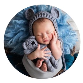 Ederafoto Newborn Photography Props Bear Hat Baby Photoshoots Outfits Photo Posing Crochet Bear Doll Knit Toy Accessories (Grey)