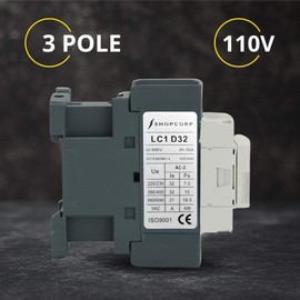 Shopcorp 6 Pole (3 Pole x 2) Contactor 30 amp Normally Open IEC 660V Switch - 110/120V Coil, Motor Load 32A, Lighting 40A, 50A - AC Contactor | Includes DIN Rail and Phillips Screws