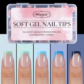 Misssix XBASICTIPS Uñas postizas francesas, 150 unidades, uñas postizas de gel francesas cuadradas cortas azules, uñas postizas de gel suave, preforma