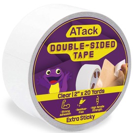 ATack Extra Sticky Clear Double-Sided Tape, Removable, 2-Inch x 20-Yards - Wall Safe Heavy-Duty Double Sides Self Sticky Wall Fabric Tape for Wood Templates, Furniture, Leather, Curtains and Craft